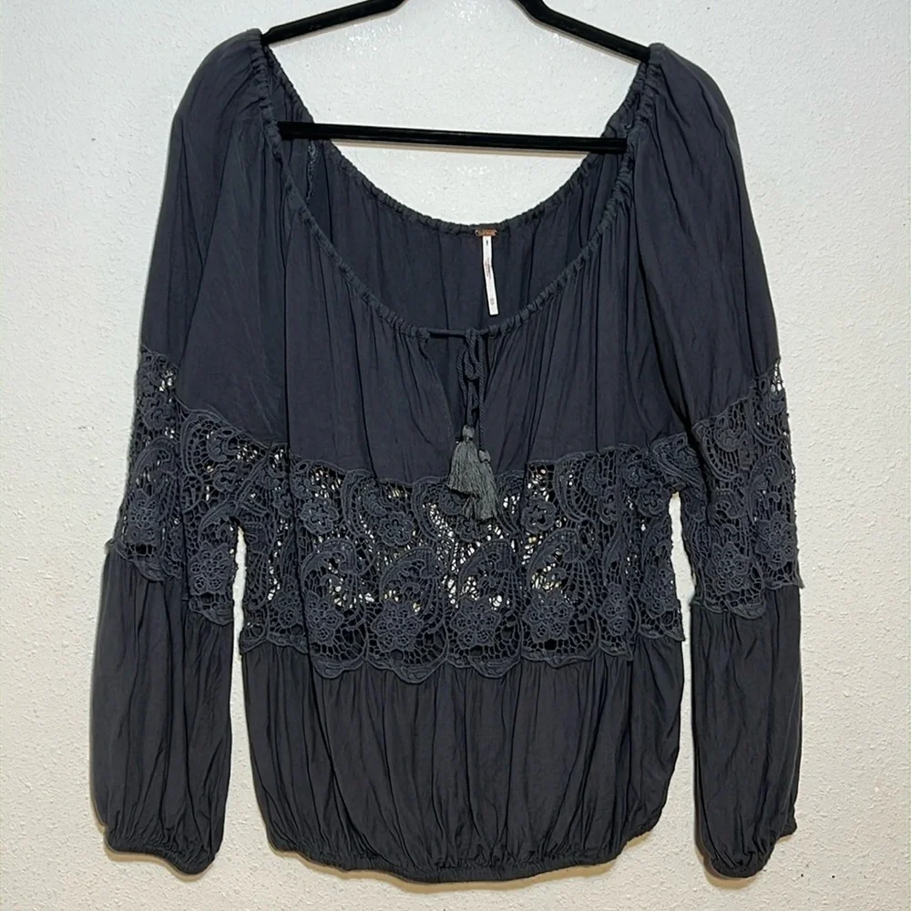 Free People Peasant Lace Top Boho Blouse Rodeo Prairie Size XSmall